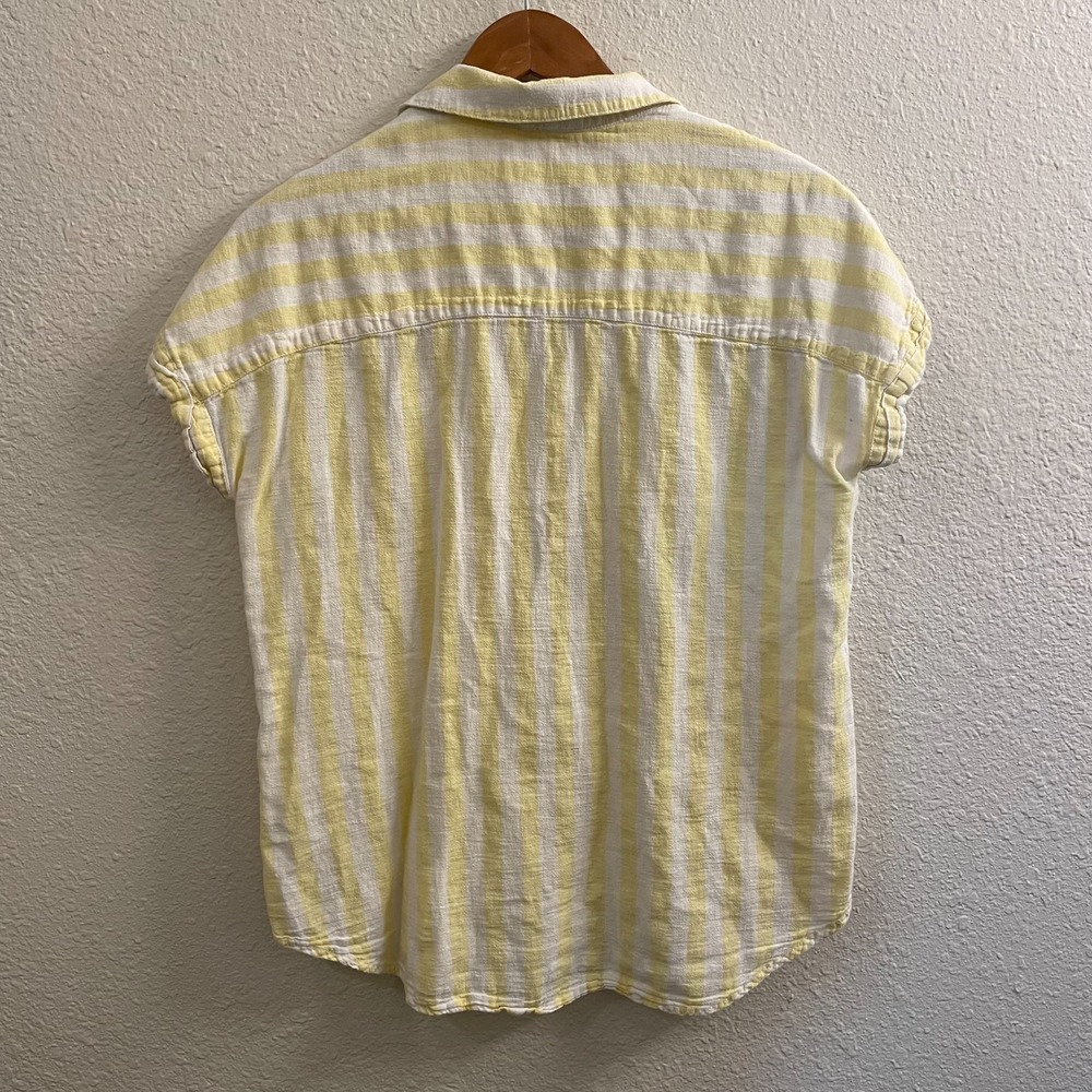 Yellow Stripe Button Front Linen Blend Top Rolled Sleeve Coastal Casual Resort M - Picture 2 of 11
